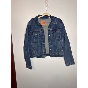 Levis Womens Medium Wash Denim Trucker Jacket Blue Size L Classic Red Tab